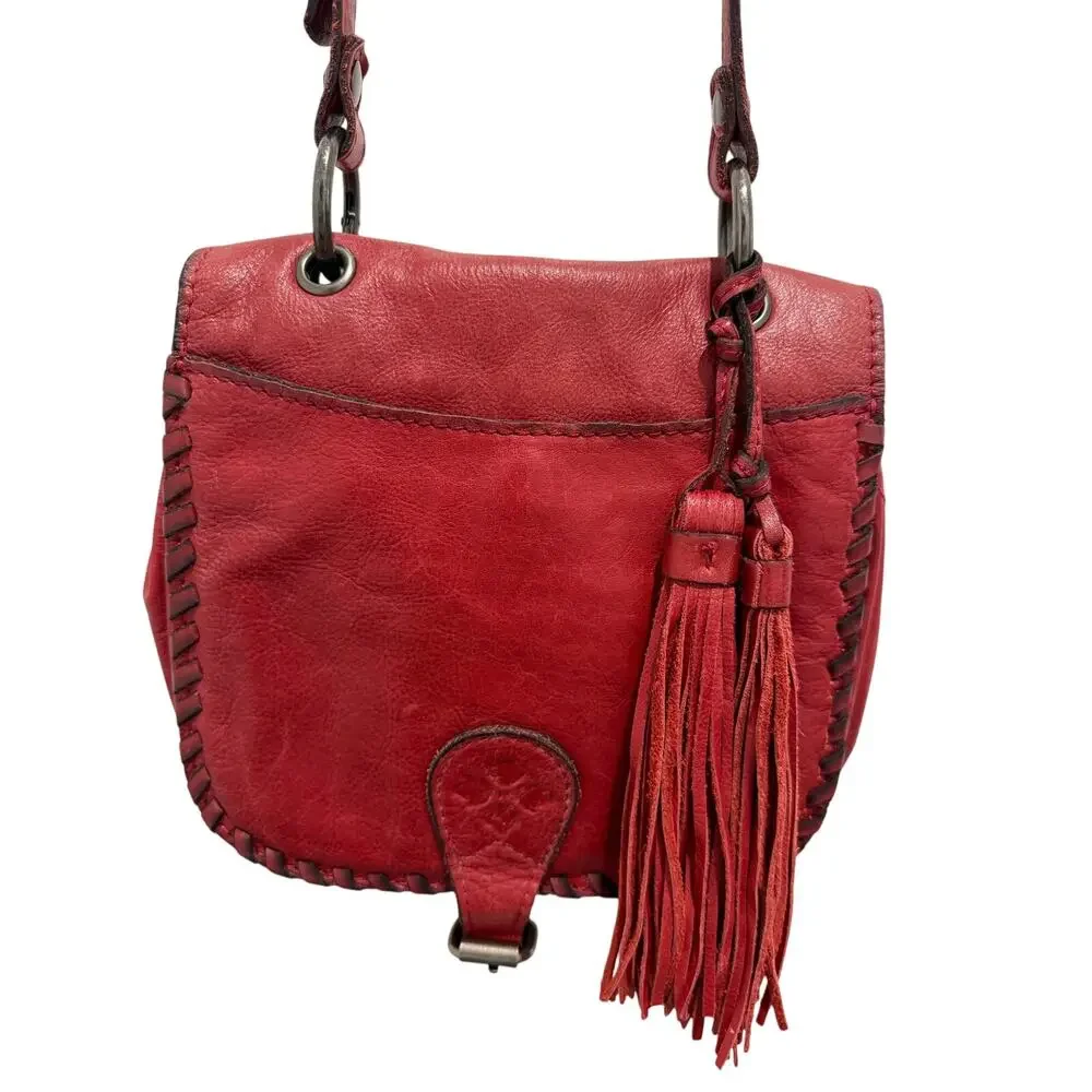 Patricia Nash Karisa Leather Whipstitch Saddle Bag Berry Red Tassels